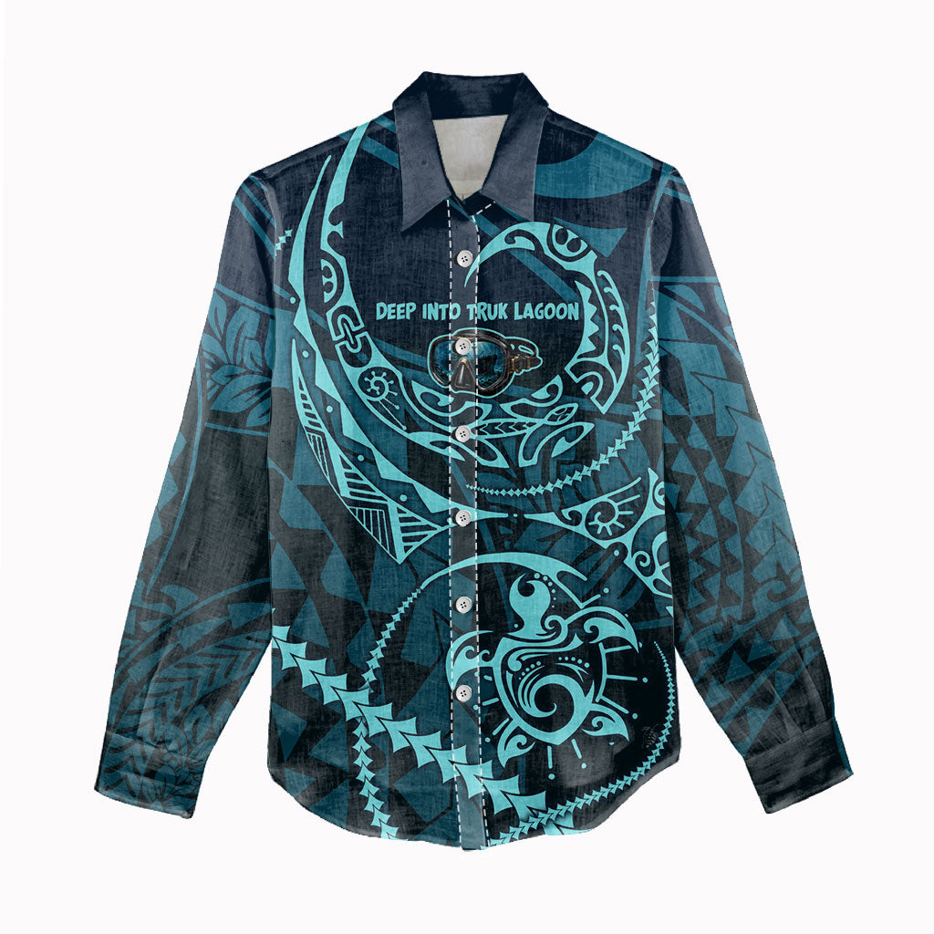 Chuuk Deep Into Truk Lagoon Women Casual Shirt Polynesian Tribal Pattern Wreck Diving Teal Ship Art TS04 - Polynesian Pride