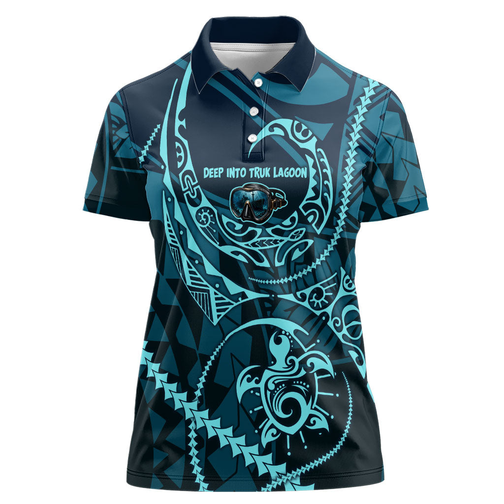 Chuuk Deep Into Truk Lagoon Women Polo Shirt Polynesian Tribal Pattern Wreck Diving Teal Ship Art TS04 Female Blue Black - Polynesian Pride