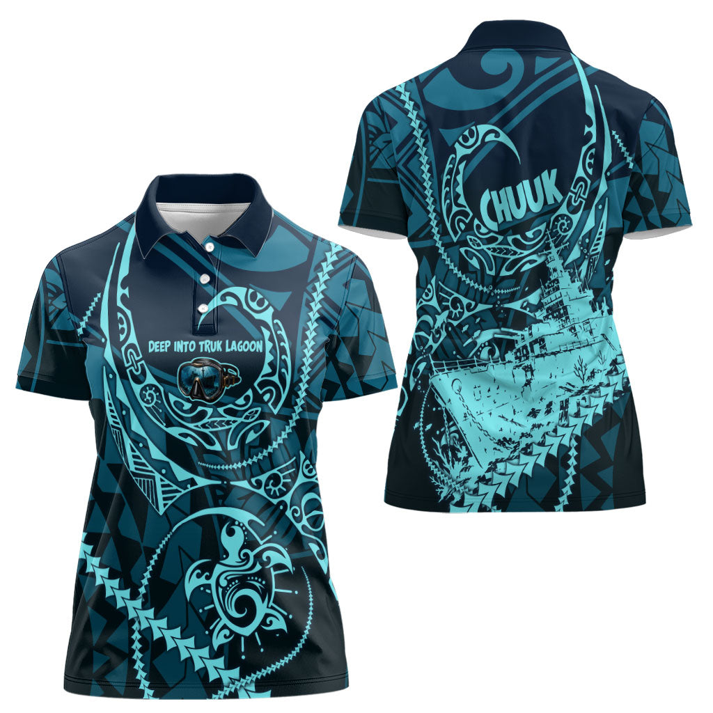 Chuuk Deep Into Truk Lagoon Women Polo Shirt Polynesian Tribal Pattern Wreck Diving Teal Ship Art TS04 - Polynesian Pride