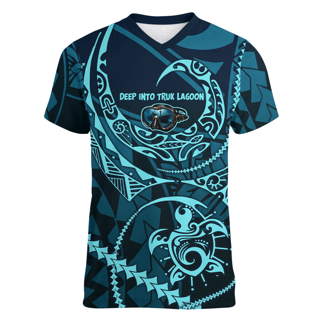 Chuuk Deep Into Truk Lagoon Women V-Neck T-Shirt Polynesian Tribal Pattern Wreck Diving Teal Ship Art TS04 Female Blue Black - Polynesian Pride