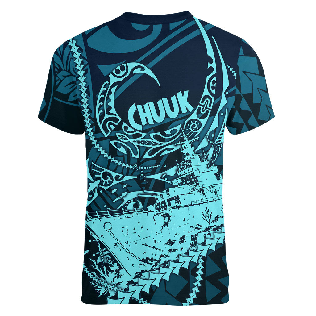 Chuuk Deep Into Truk Lagoon Women V-Neck T-Shirt Polynesian Tribal Pattern Wreck Diving Teal Ship Art TS04 - Polynesian Pride