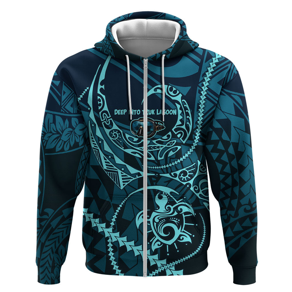 Chuuk Deep Into Truk Lagoon Zip Hoodie Polynesian Tribal Pattern Wreck Diving Teal Ship Art TS04 Zip Hoodie Blue Black - Polynesian Pride
