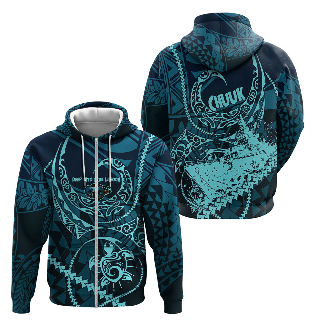 Chuuk Deep Into Truk Lagoon Zip Hoodie Polynesian Tribal Pattern Wreck Diving Teal Ship Art TS04 - Polynesian Pride