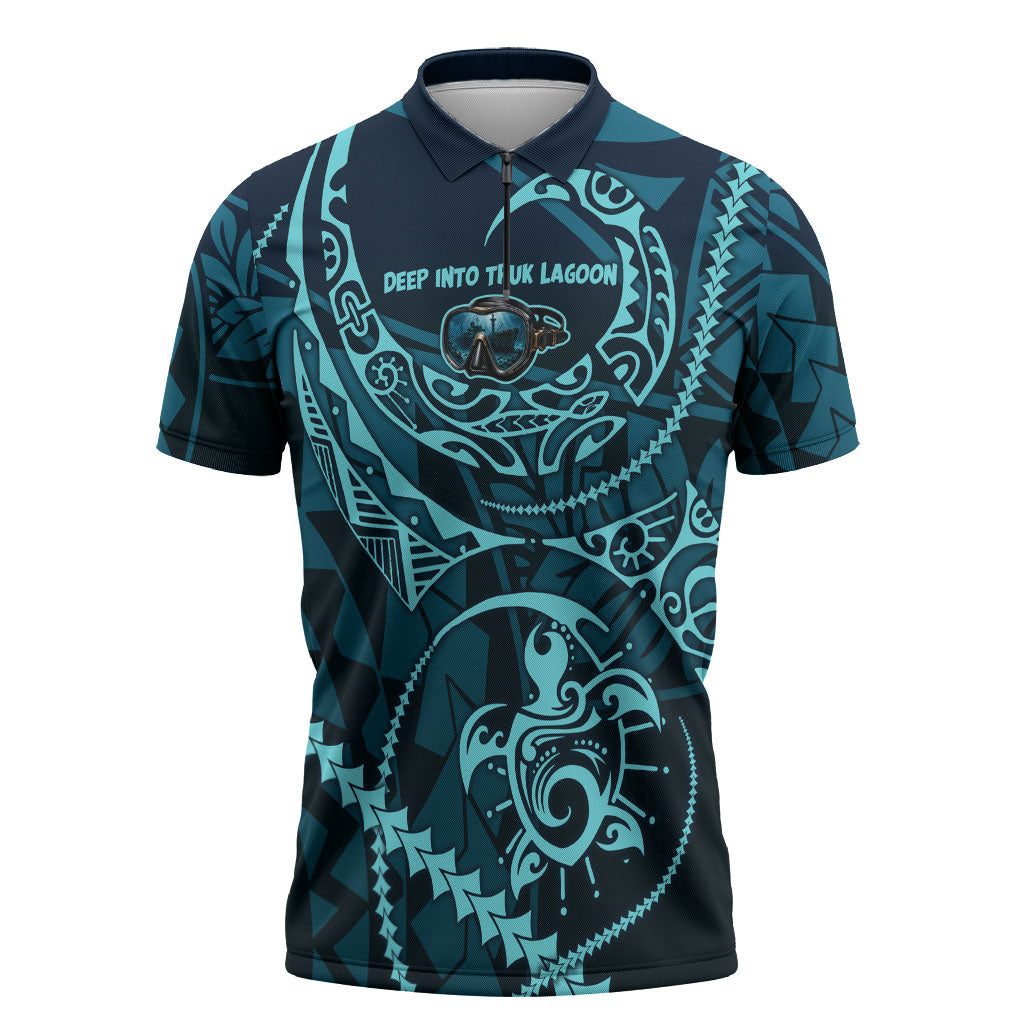 Chuuk Deep Into Truk Lagoon Zipper Polo Shirt Polynesian Tribal Pattern Wreck Diving Teal Ship Art TS04 Blue Black - Polynesian Pride