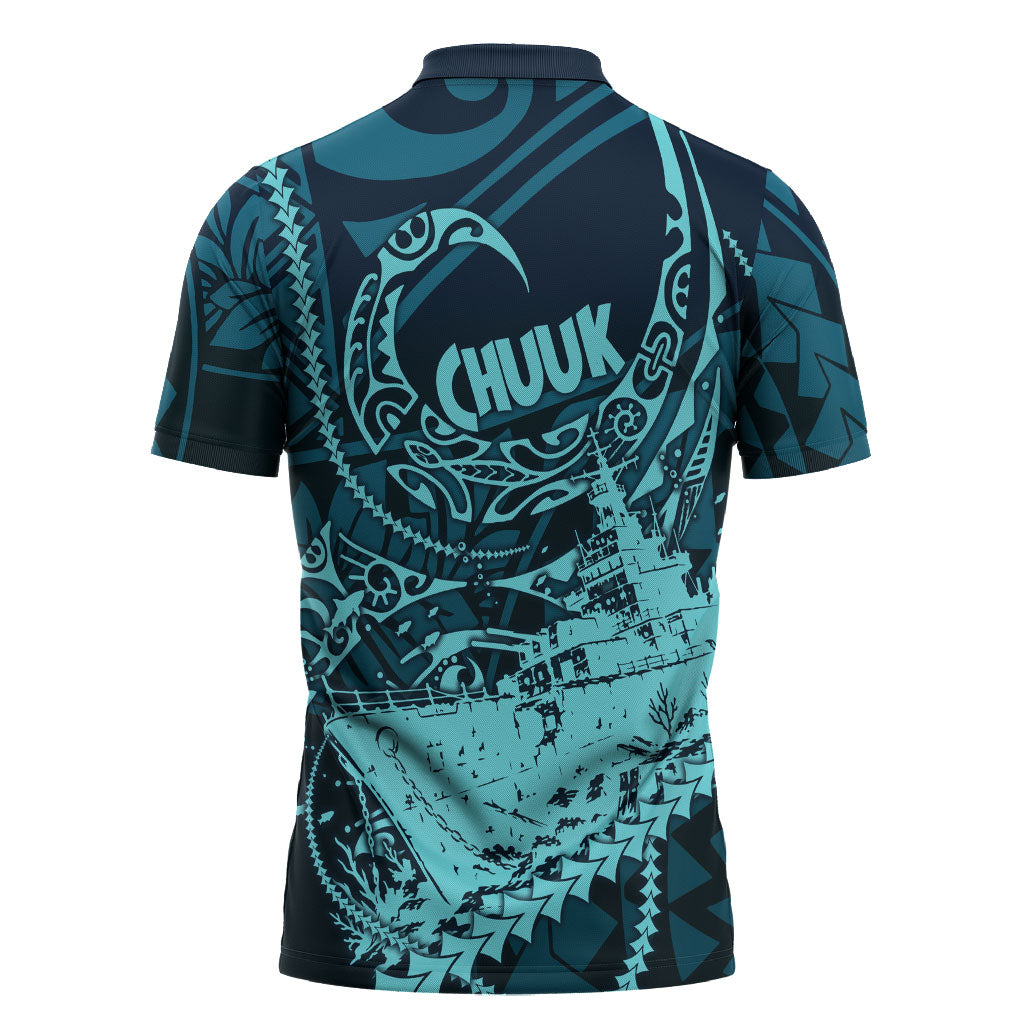 Chuuk Deep Into Truk Lagoon Zipper Polo Shirt Polynesian Tribal Pattern Wreck Diving Teal Ship Art TS04 - Polynesian Pride