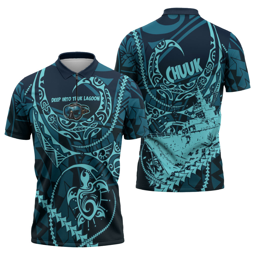 Chuuk Deep Into Truk Lagoon Zipper Polo Shirt Polynesian Tribal Pattern Wreck Diving Teal Ship Art TS04 - Polynesian Pride