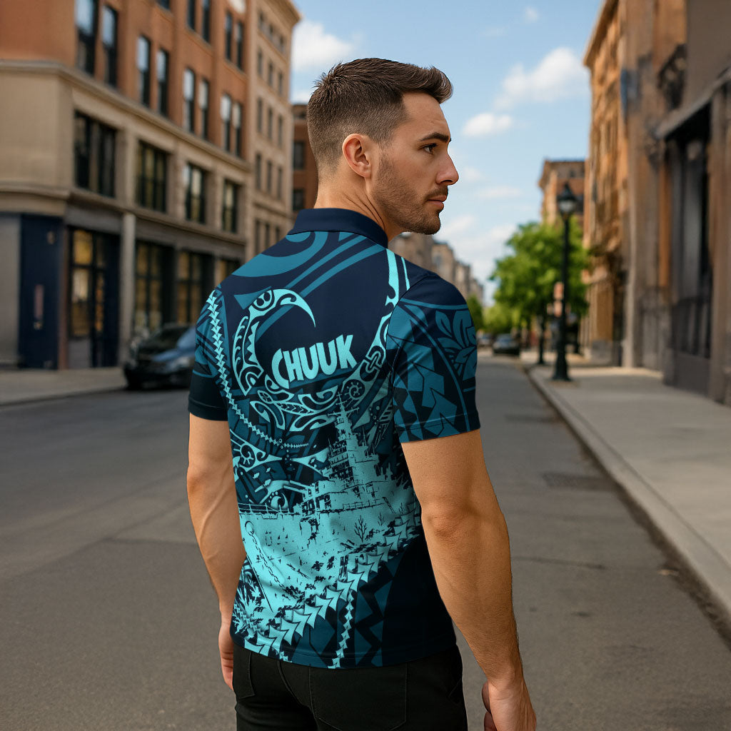 Chuuk Deep Into Truk Lagoon Zipper Polo Shirt Polynesian Tribal Pattern Wreck Diving Teal Ship Art TS04 - Polynesian Pride