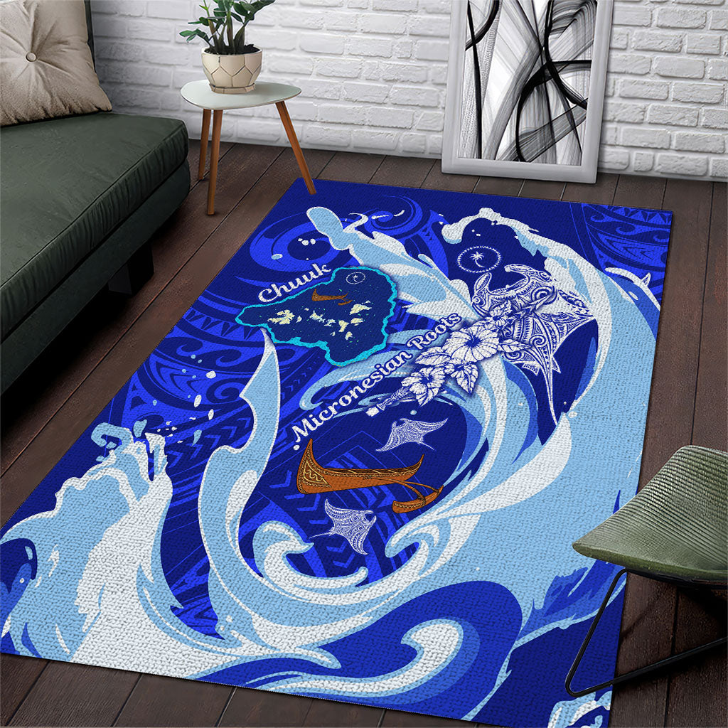 Chuuk Micronesian Roots Area Rug Polynesian Tribal Pattern Hibiscus Flower And Stingray Art TS04 Blue White - Polynesian Pride