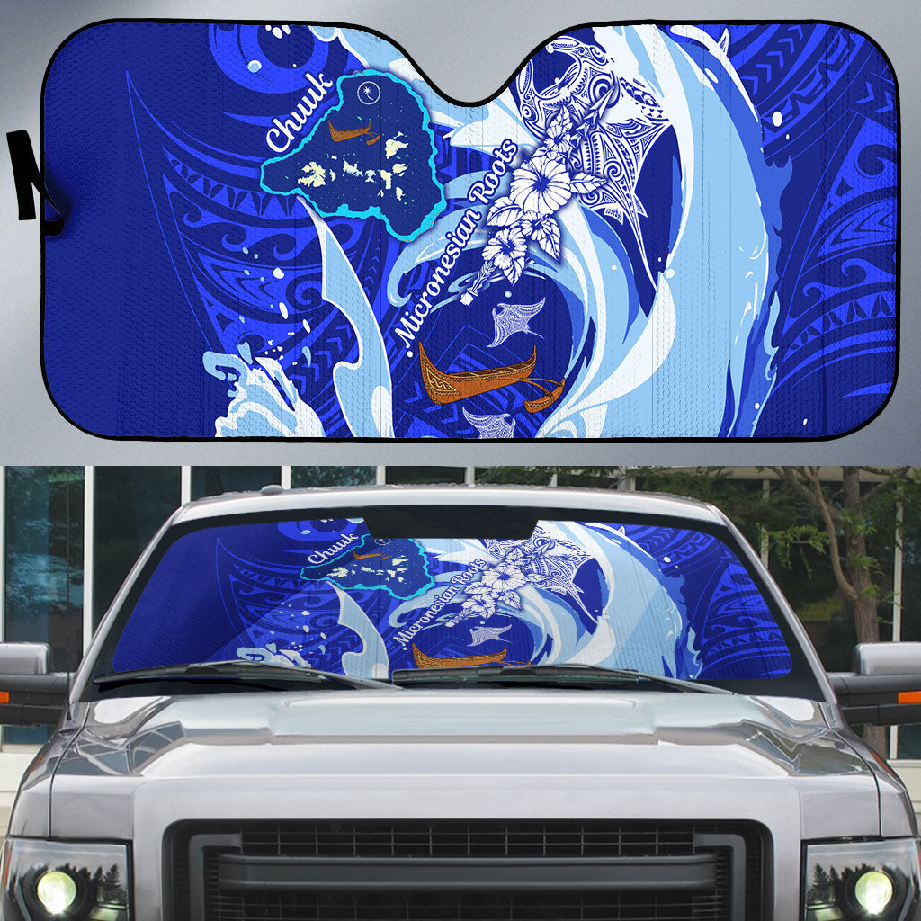 Chuuk Micronesian Roots Auto Sun Shade Polynesian Tribal Pattern Hibiscus Flower And Stingray Art TS04 Blue White - Polynesian Pride