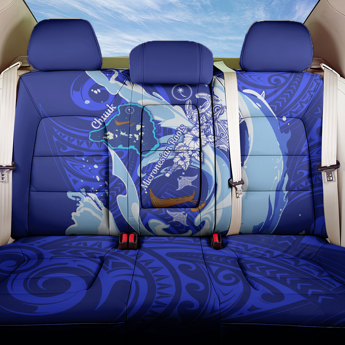 Chuuk Micronesian Roots Back Car Seat Cover Polynesian Tribal Pattern Hibiscus Flower And Stingray Art TS04 One Size Blue White - Polynesian Pride