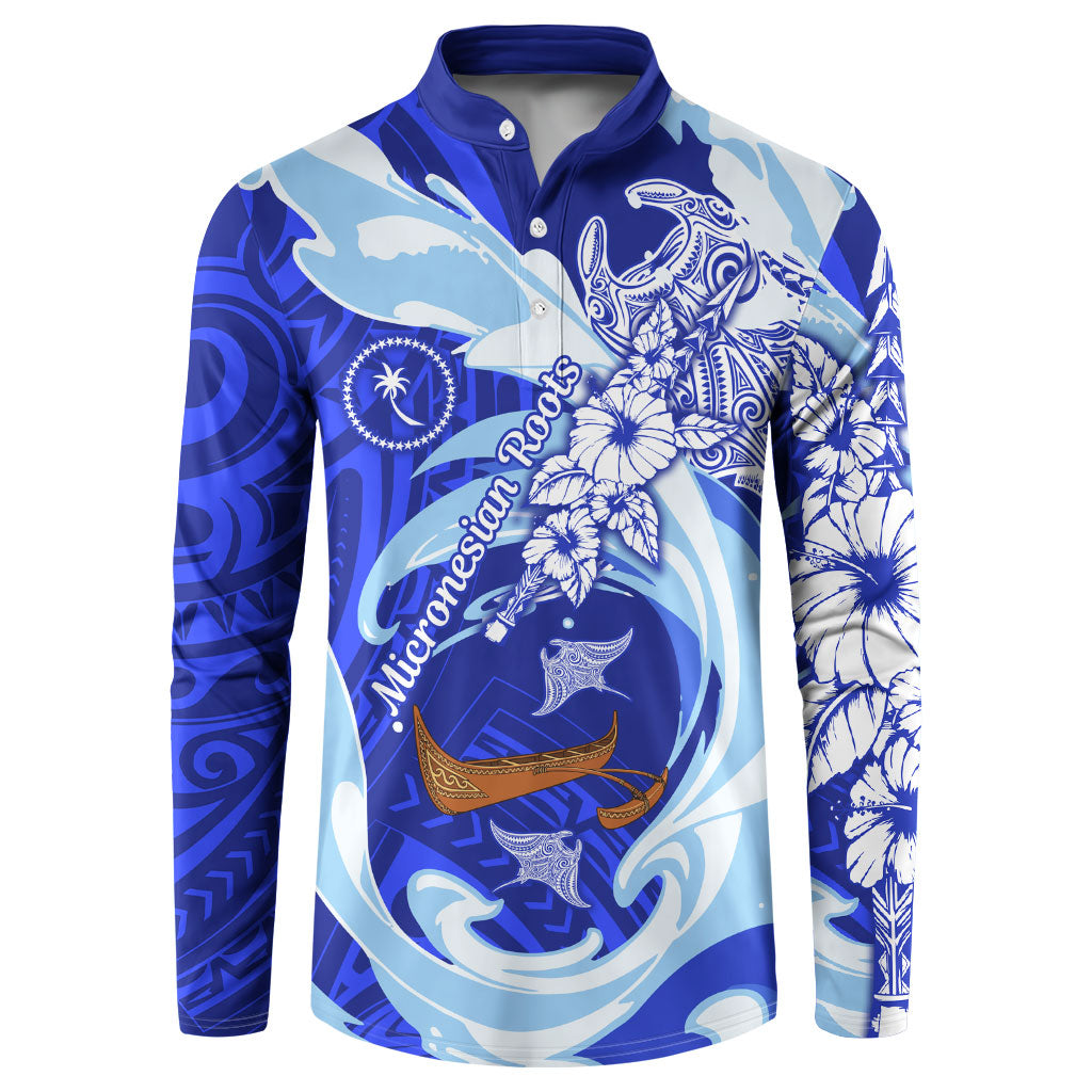 Chuuk Micronesian Roots Button Sweatshirt Polynesian Tribal Pattern Hibiscus Flower And Stingray Art