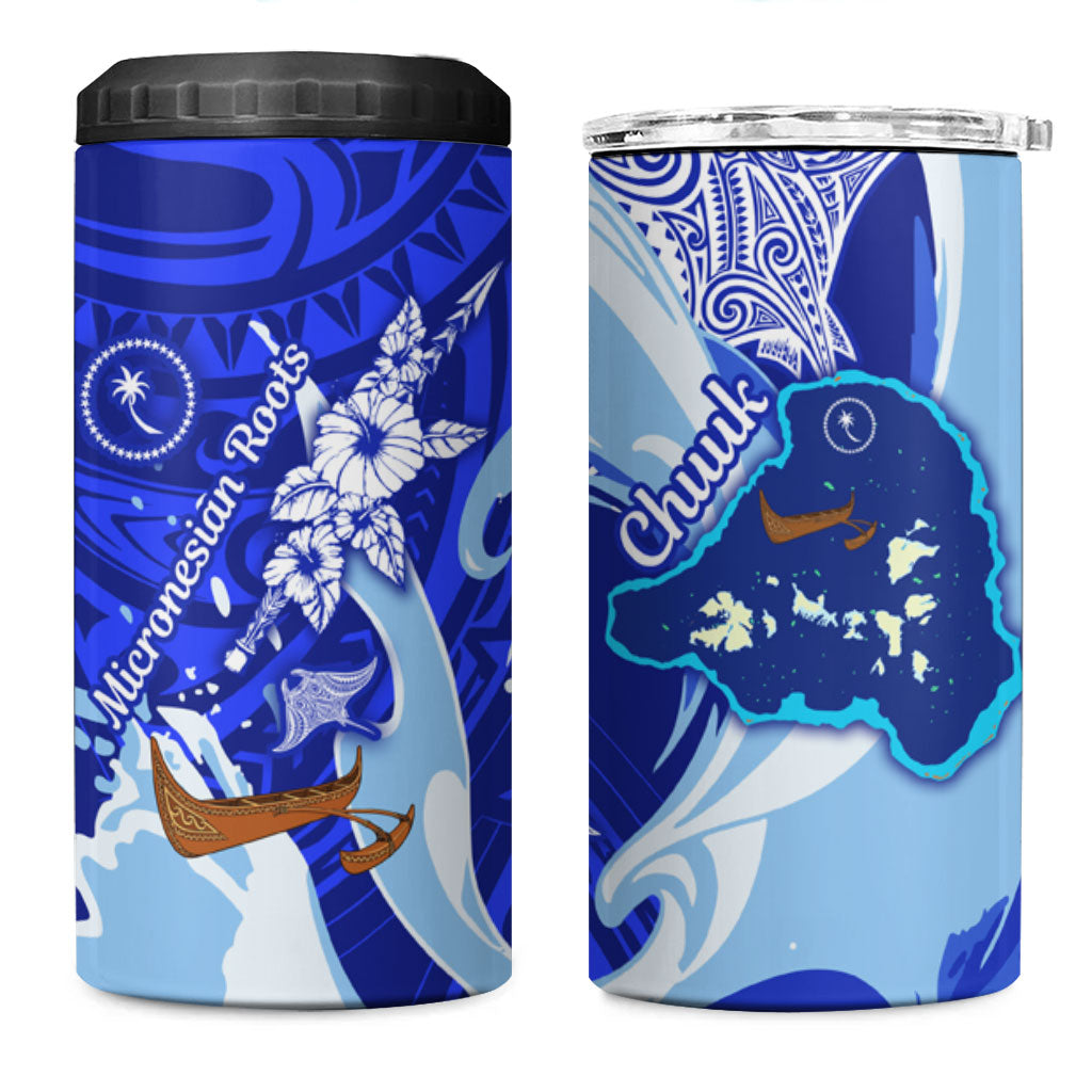 Chuuk Micronesian Roots 4 in 1 Can Cooler Tumbler Polynesian Tribal Pattern Hibiscus Flower And Stingray Art TS04 One Size: 16 oz Blue White - Polynesian Pride