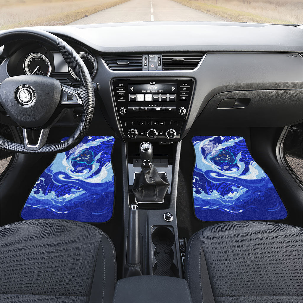 Chuuk Micronesian Roots Car Mats Polynesian Tribal Pattern Hibiscus Flower And Stingray Art TS04 Set 2pcs - Front Blue White - Polynesian Pride