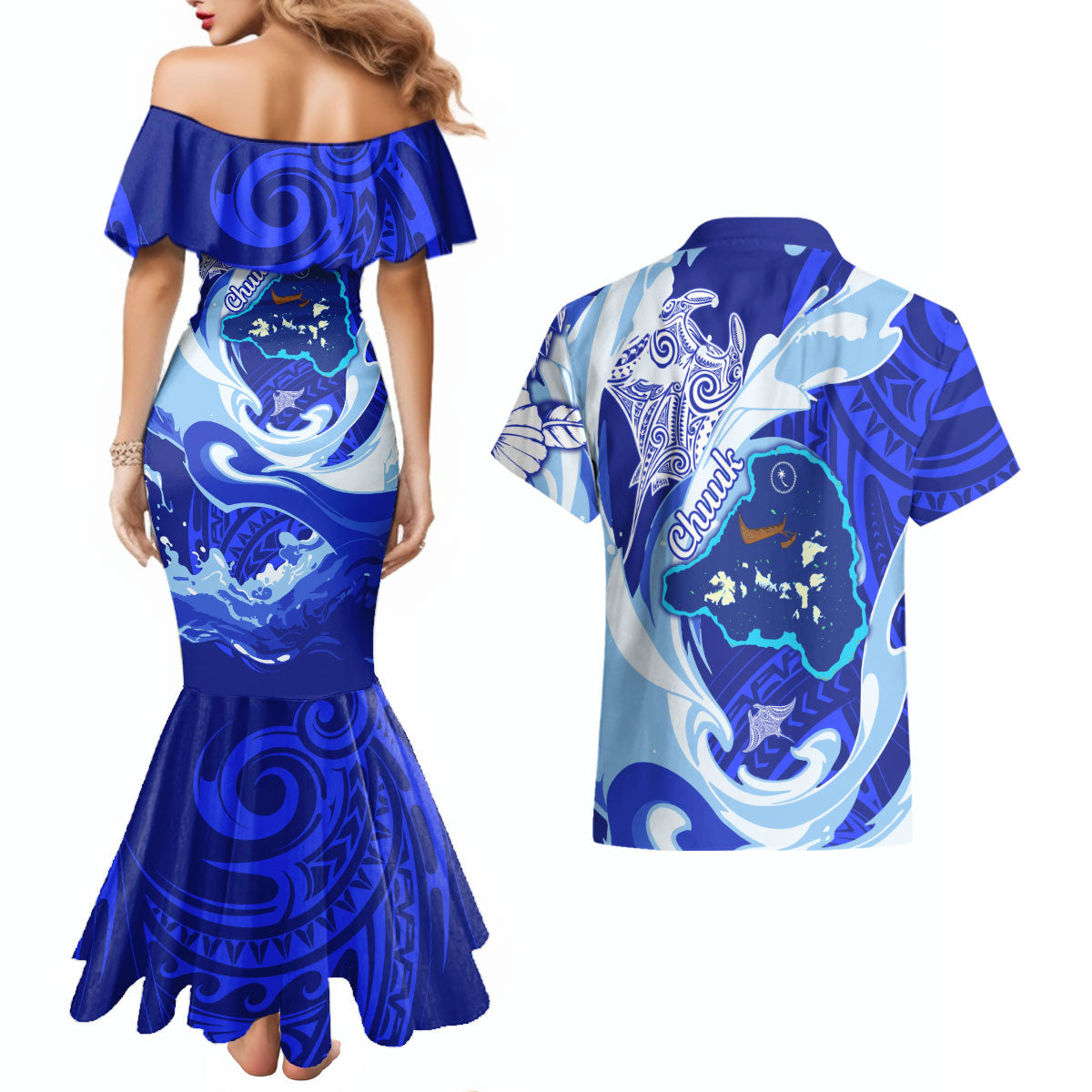 Chuuk Micronesian Roots Couples Matching Mermaid Dress and Hawaiian Shirt Polynesian Tribal Pattern Hibiscus Flower And Stingray Art