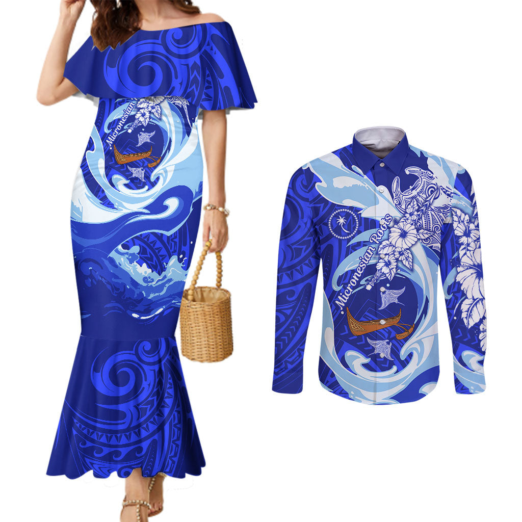 Chuuk Micronesian Roots Couples Matching Mermaid Dress and Long Sleeve Button Shirt Polynesian Tribal Pattern Hibiscus Flower And Stingray Art TS04 Blue White - Polynesian Pride