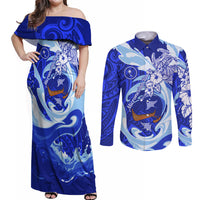 Chuuk Micronesian Roots Couples Matching Off Shoulder Maxi Dress and Long Sleeve Button Shirt Polynesian Tribal Pattern Hibiscus Flower And Stingray Art TS04 Blue White - Polynesian Pride