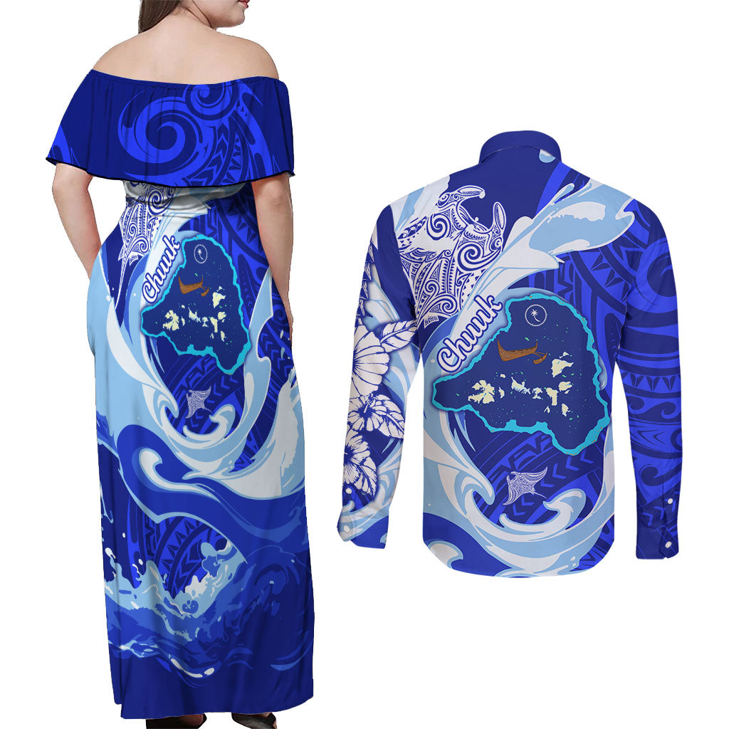 Chuuk Micronesian Roots Couples Matching Off Shoulder Maxi Dress and Long Sleeve Button Shirt Polynesian Tribal Pattern Hibiscus Flower And Stingray Art TS04 - Polynesian Pride