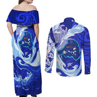 Chuuk Micronesian Roots Couples Matching Off Shoulder Maxi Dress and Long Sleeve Button Shirt Polynesian Tribal Pattern Hibiscus Flower And Stingray Art TS04 - Polynesian Pride