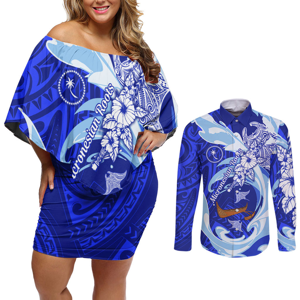 Chuuk Micronesian Roots Couples Matching Off Shoulder Short Dress and Long Sleeve Button Shirt Polynesian Tribal Pattern Hibiscus Flower And Stingray Art TS04 Blue White - Polynesian Pride