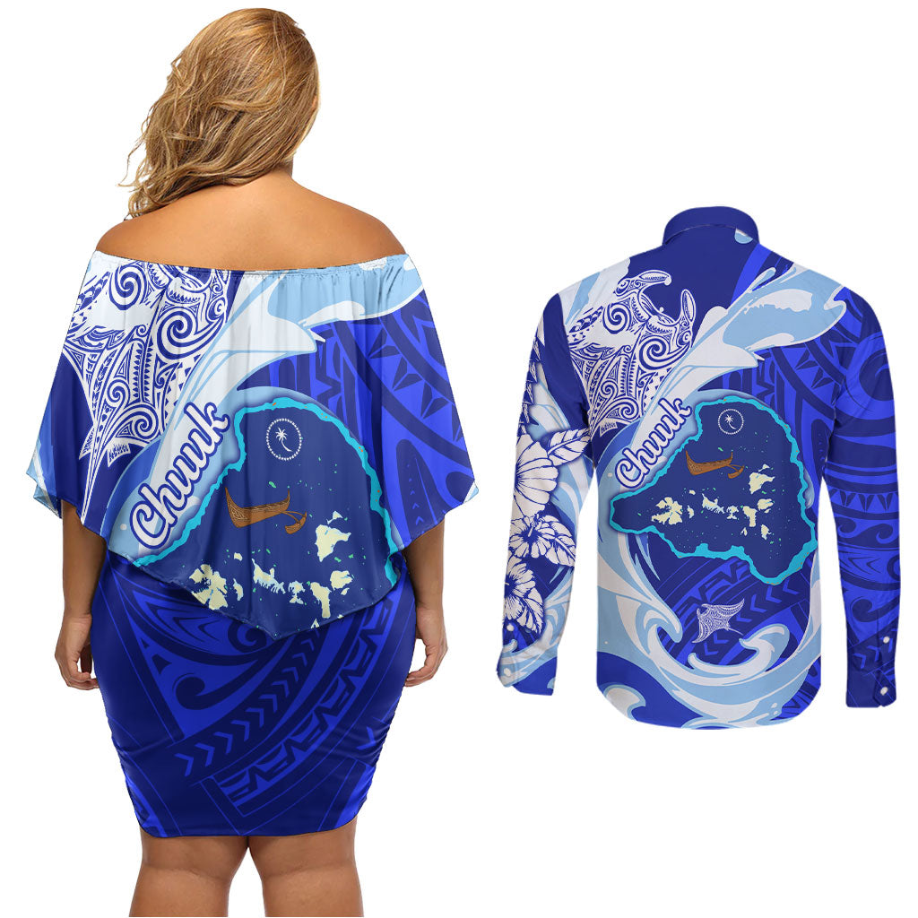 Chuuk Micronesian Roots Couples Matching Off Shoulder Short Dress and Long Sleeve Button Shirt Polynesian Tribal Pattern Hibiscus Flower And Stingray Art
