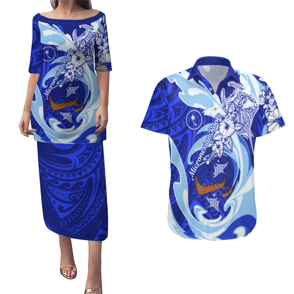 Chuuk Micronesian Roots Couples Matching Puletasi and Hawaiian Shirt Polynesian Tribal Pattern Hibiscus Flower And Stingray Art TS04 Blue White - Polynesian Pride