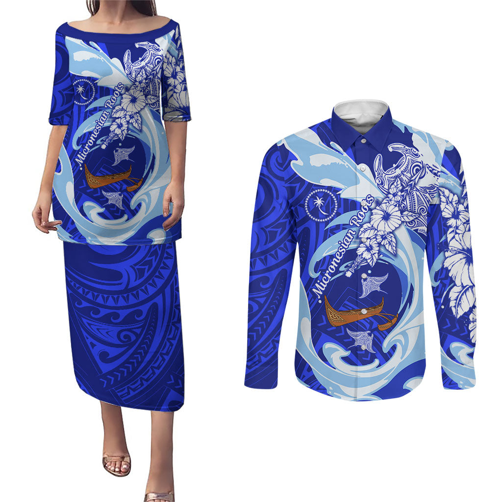 Chuuk Micronesian Roots Couples Matching Puletasi and Long Sleeve Button Shirt Polynesian Tribal Pattern Hibiscus Flower And Stingray Art TS04 Blue White - Polynesian Pride
