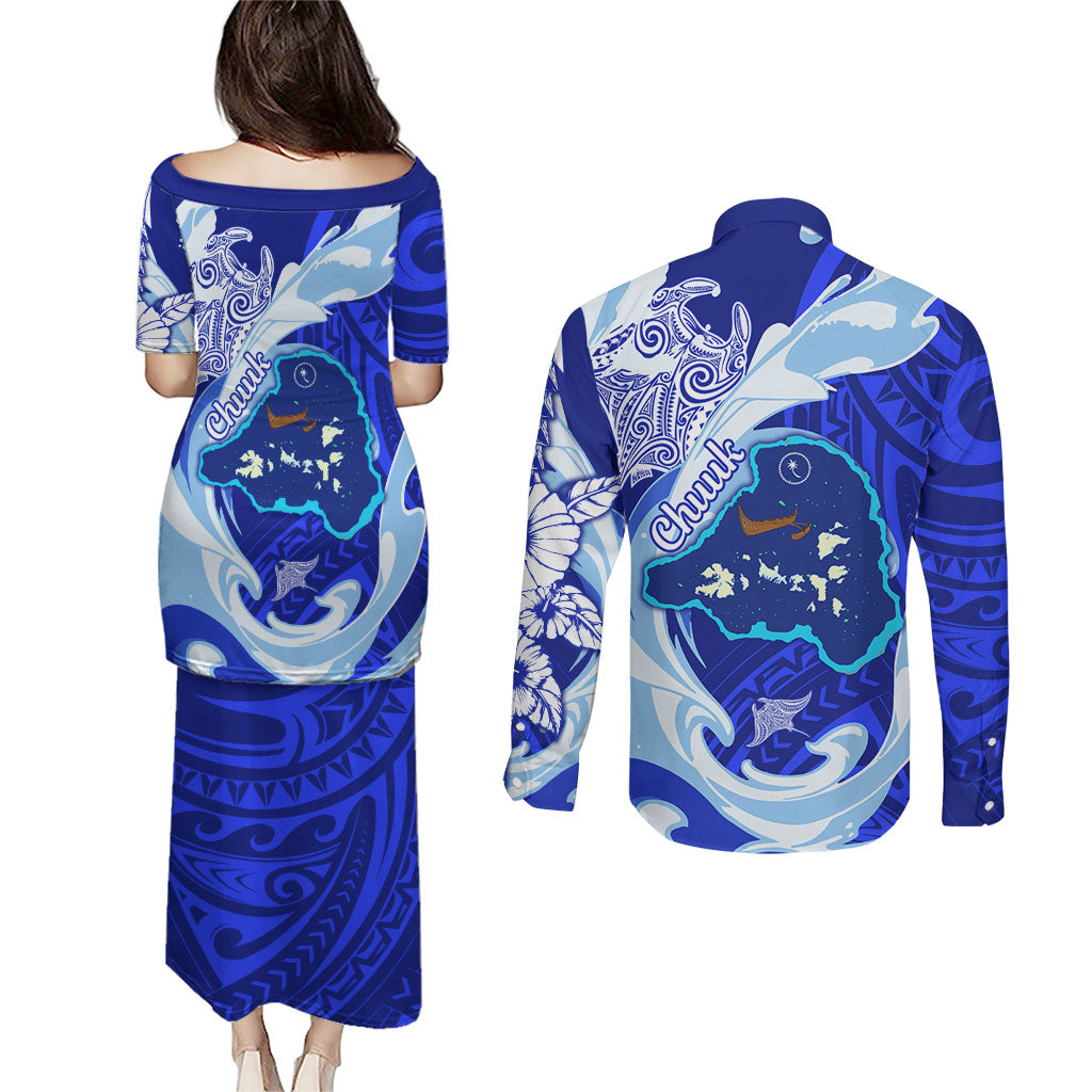 Chuuk Micronesian Roots Couples Matching Puletasi and Long Sleeve Button Shirt Polynesian Tribal Pattern Hibiscus Flower And Stingray Art TS04 - Polynesian Pride