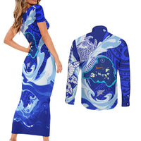 Chuuk Micronesian Roots Couples Matching Short Sleeve Bodycon Dress and Long Sleeve Button Shirt Polynesian Tribal Pattern Hibiscus Flower And Stingray Art