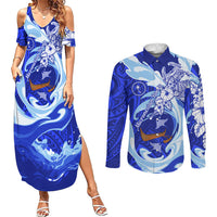 Chuuk Micronesian Roots Couples Matching Summer Maxi Dress and Long Sleeve Button Shirt Polynesian Tribal Pattern Hibiscus Flower And Stingray Art TS04 Blue White - Polynesian Pride