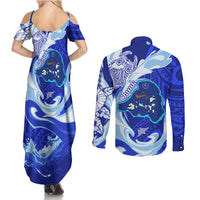 Chuuk Micronesian Roots Couples Matching Summer Maxi Dress and Long Sleeve Button Shirt Polynesian Tribal Pattern Hibiscus Flower And Stingray Art TS04 - Polynesian Pride