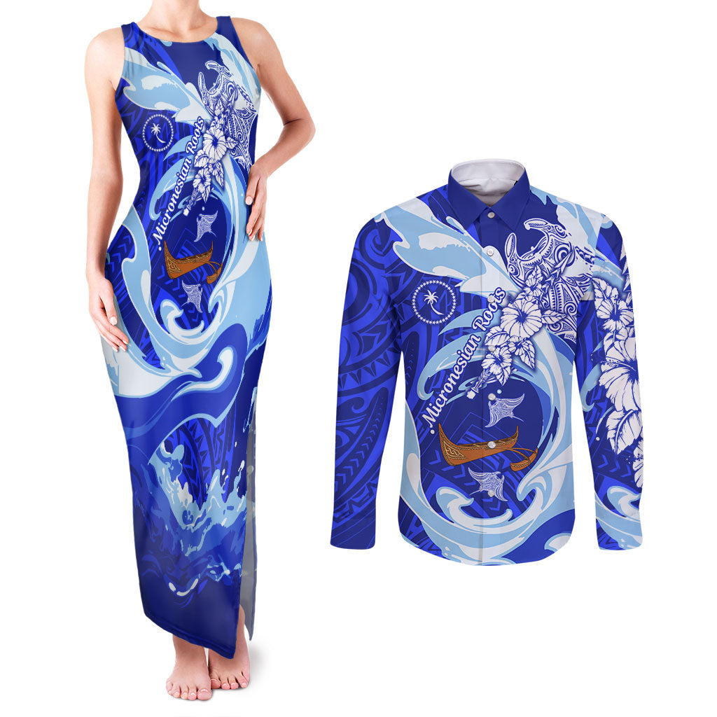Chuuk Micronesian Roots Couples Matching Tank Maxi Dress and Long Sleeve Button Shirt Polynesian Tribal Pattern Hibiscus Flower And Stingray Art