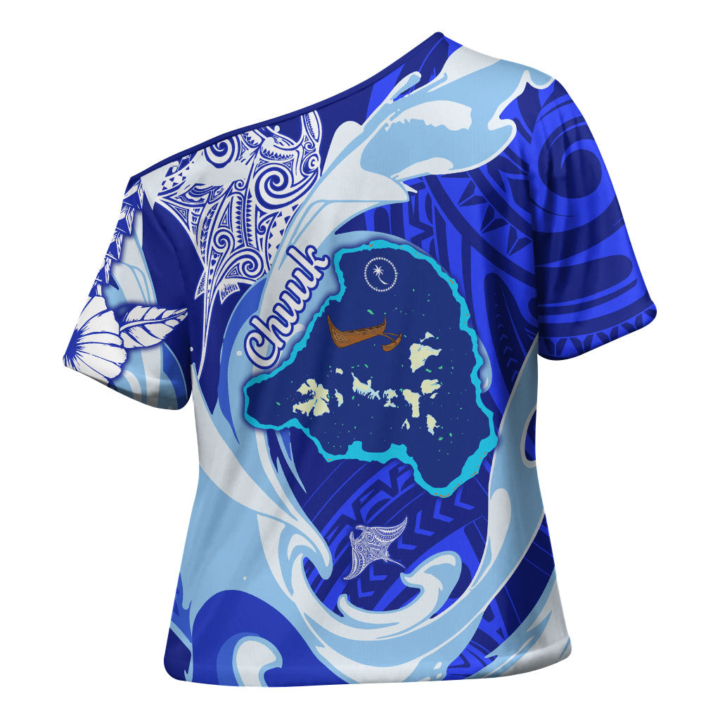 Chuuk Micronesian Roots Cross Shoulder Shirt Polynesian Tribal Pattern Hibiscus Flower And Stingray Art TS04 - Polynesian Pride