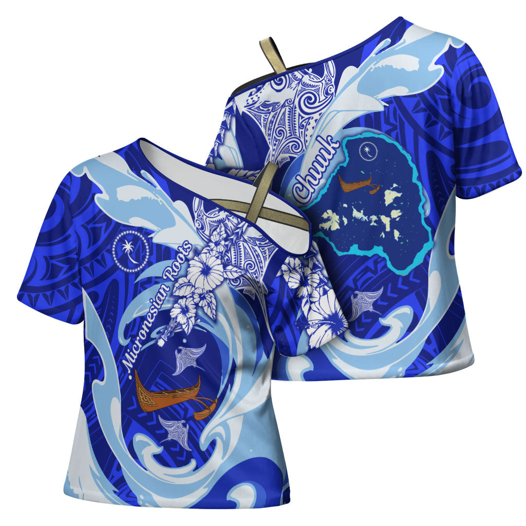 Chuuk Micronesian Roots Cross Shoulder Shirt Polynesian Tribal Pattern Hibiscus Flower And Stingray Art TS04 - Polynesian Pride
