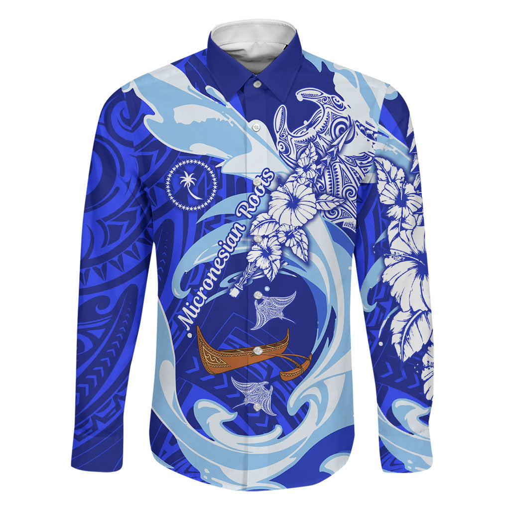 Chuuk Micronesian Roots Family Matching Mermaid Dress and Hawaiian Shirt Polynesian Tribal Pattern Hibiscus Flower And Stingray Art TS04 Dad's Shirt - Long Sleeve Blue White - Polynesian Pride