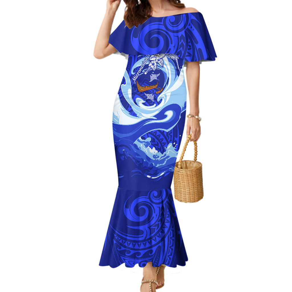 Chuuk Micronesian Roots Family Matching Mermaid Dress and Hawaiian Shirt Polynesian Tribal Pattern Hibiscus Flower And Stingray Art TS04 Mom's Dress Blue White - Polynesian Pride