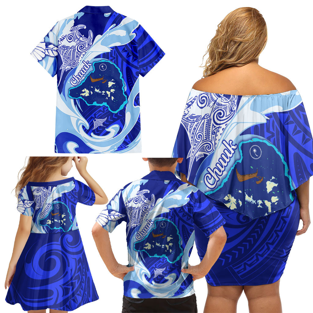 Chuuk Micronesian Roots Family Matching Off Shoulder Short Dress and Hawaiian Shirt Polynesian Tribal Pattern Hibiscus Flower And Stingray Art