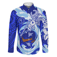 Chuuk Micronesian Roots Family Matching Short Sleeve Bodycon Dress and Hawaiian Shirt Polynesian Tribal Pattern Hibiscus Flower And Stingray Art TS04 Dad's Shirt - Long Sleeve Blue White - Polynesian Pride