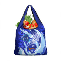 Chuuk Micronesian Roots Grocery Bag Polynesian Tribal Pattern Hibiscus Flower And Stingray Art TS04 1-pack One Size Blue White - Polynesian Pride