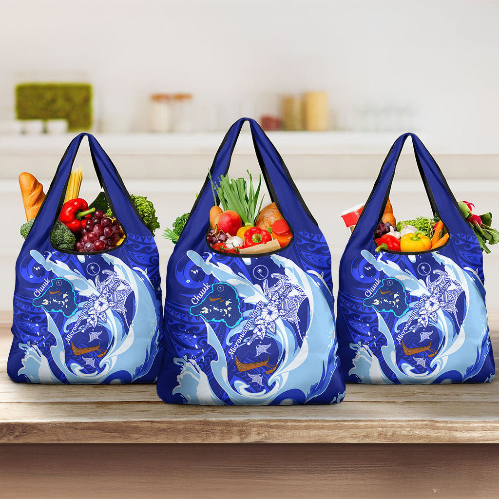 Chuuk Micronesian Roots Grocery Bag Polynesian Tribal Pattern Hibiscus Flower And Stingray Art TS04 3-pack One Size Blue White - Polynesian Pride