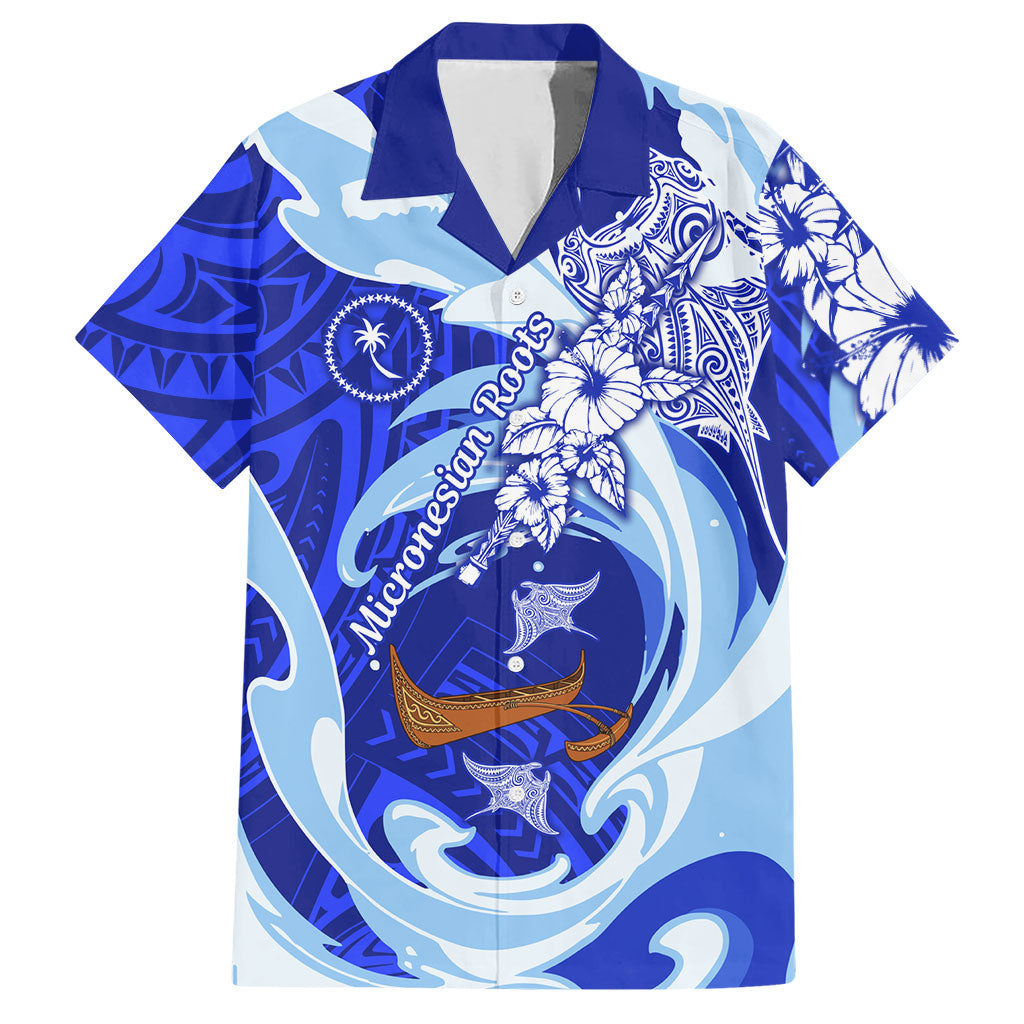 Chuuk Micronesian Roots Hawaiian Shirt Polynesian Tribal Pattern Hibiscus Flower And Stingray Art TS04 Blue White - Polynesian Pride