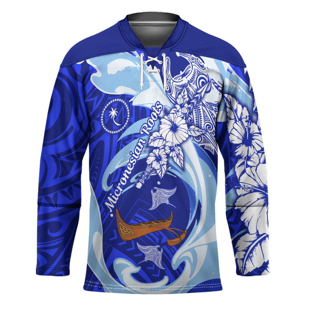 Chuuk Micronesian Roots Hockey Jersey Polynesian Tribal Pattern Hibiscus Flower And Stingray Art TS04 Unisex Blue White - Polynesian Pride