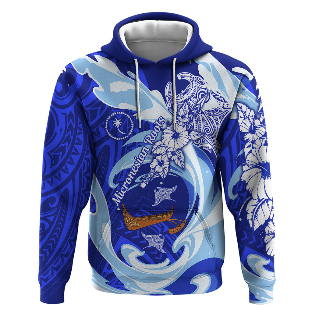 Chuuk Micronesian Roots Hoodie Polynesian Tribal Pattern Hibiscus Flower And Stingray Art TS04 Pullover Hoodie Blue White - Polynesian Pride