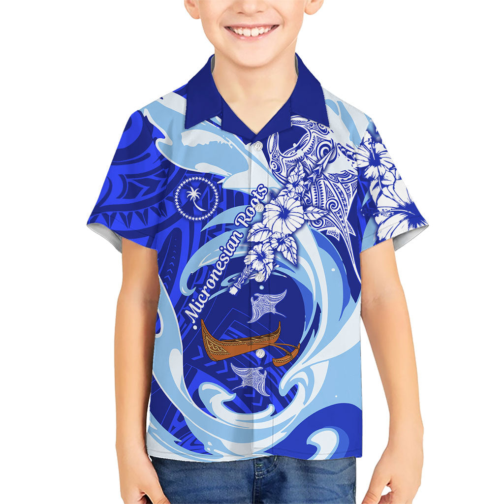 Chuuk Micronesian Roots Kid Hawaiian Shirt Polynesian Tribal Pattern Hibiscus Flower And Stingray Art TS04 Kid Blue White - Polynesian Pride