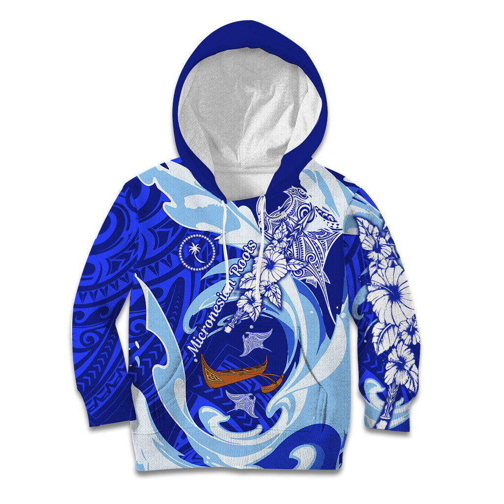 Chuuk Micronesian Roots Kid Hoodie Polynesian Tribal Pattern Hibiscus Flower And Stingray Art TS04 Hoodie Blue White - Polynesian Pride