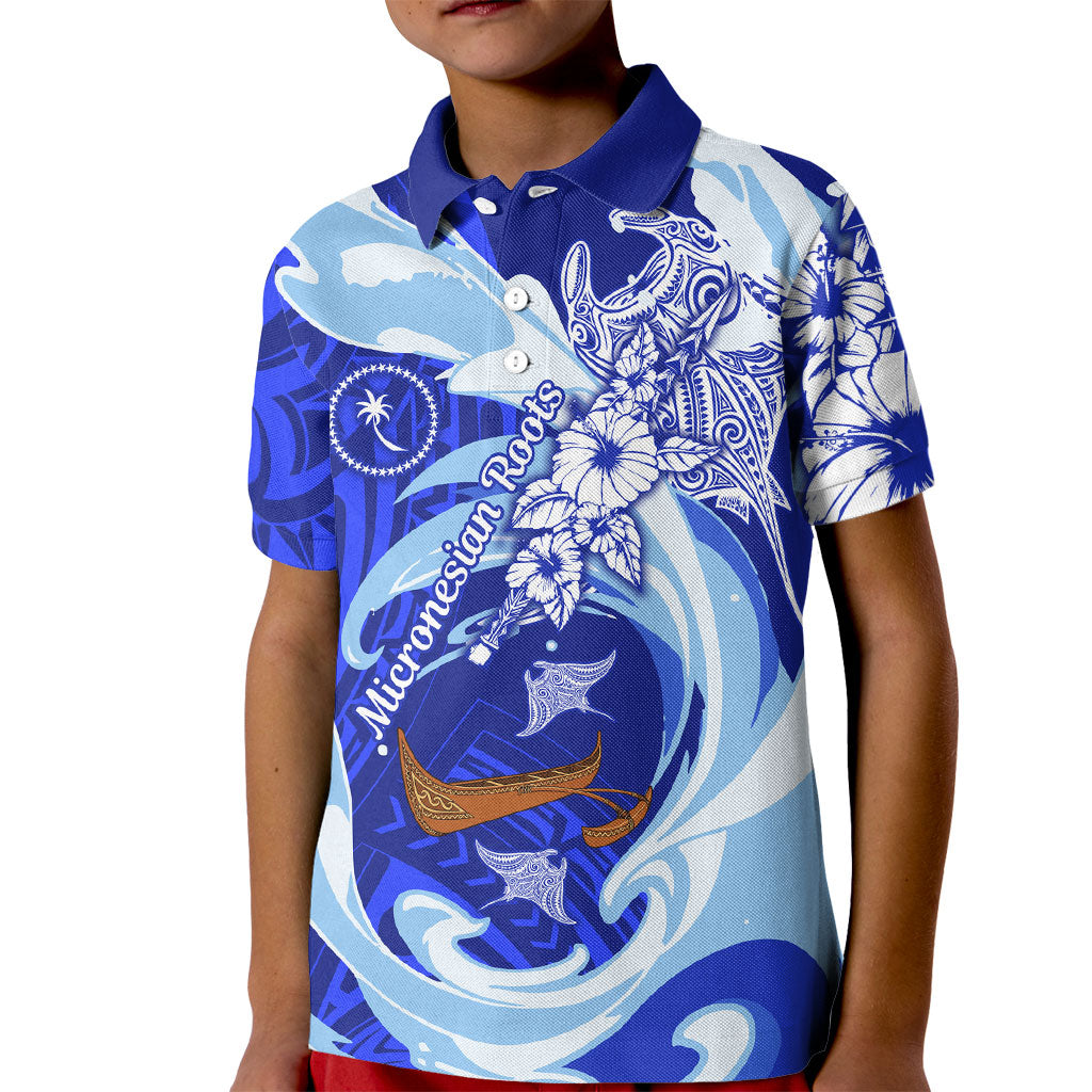 Chuuk Micronesian Roots Kid Polo Shirt Polynesian Tribal Pattern Hibiscus Flower And Stingray Art TS04 Kid Blue White - Polynesian Pride