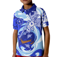 Chuuk Micronesian Roots Kid Polo Shirt Polynesian Tribal Pattern Hibiscus Flower And Stingray Art TS04 Kid Blue White - Polynesian Pride