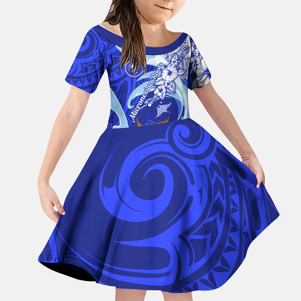 Chuuk Micronesian Roots Kid Short Sleeve Dress Polynesian Tribal Pattern Hibiscus Flower And Stingray Art TS04 KID Blue White - Polynesian Pride