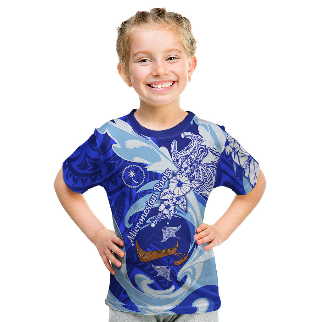 Chuuk Micronesian Roots Kid T Shirt Polynesian Tribal Pattern Hibiscus Flower And Stingray Art TS04 Blue White - Polynesian Pride