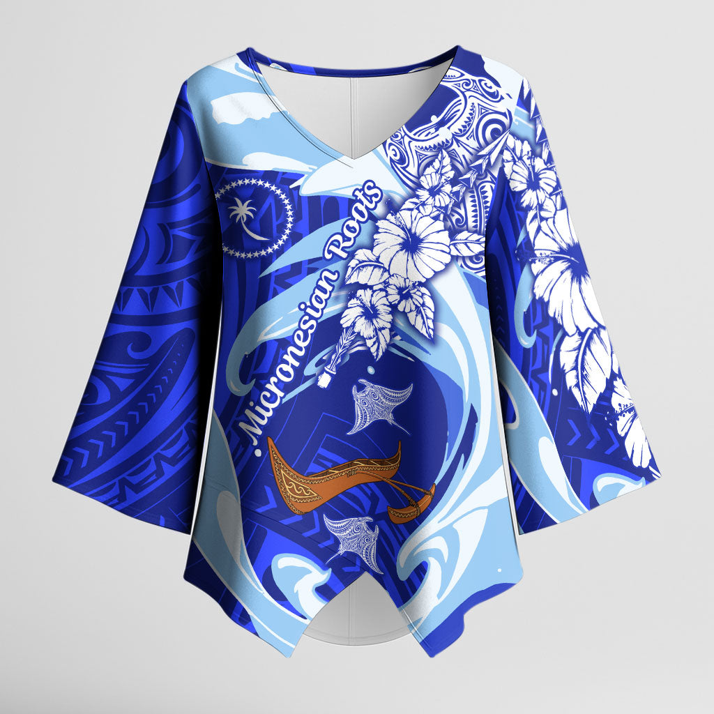 Chuuk Micronesian Roots Kimono Sleeve Blouse Polynesian Tribal Pattern Hibiscus Flower And Stingray Art TS04 Female Blue White - Polynesian Pride