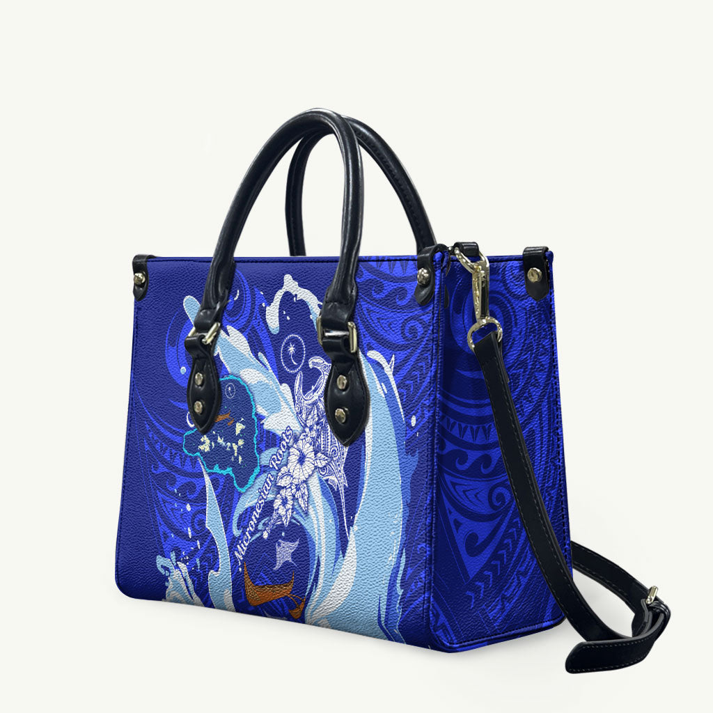 Chuuk Micronesian Roots Leather Bag Polynesian Tribal Pattern Hibiscus Flower And Stingray Art TS04 Blue White - Polynesian Pride